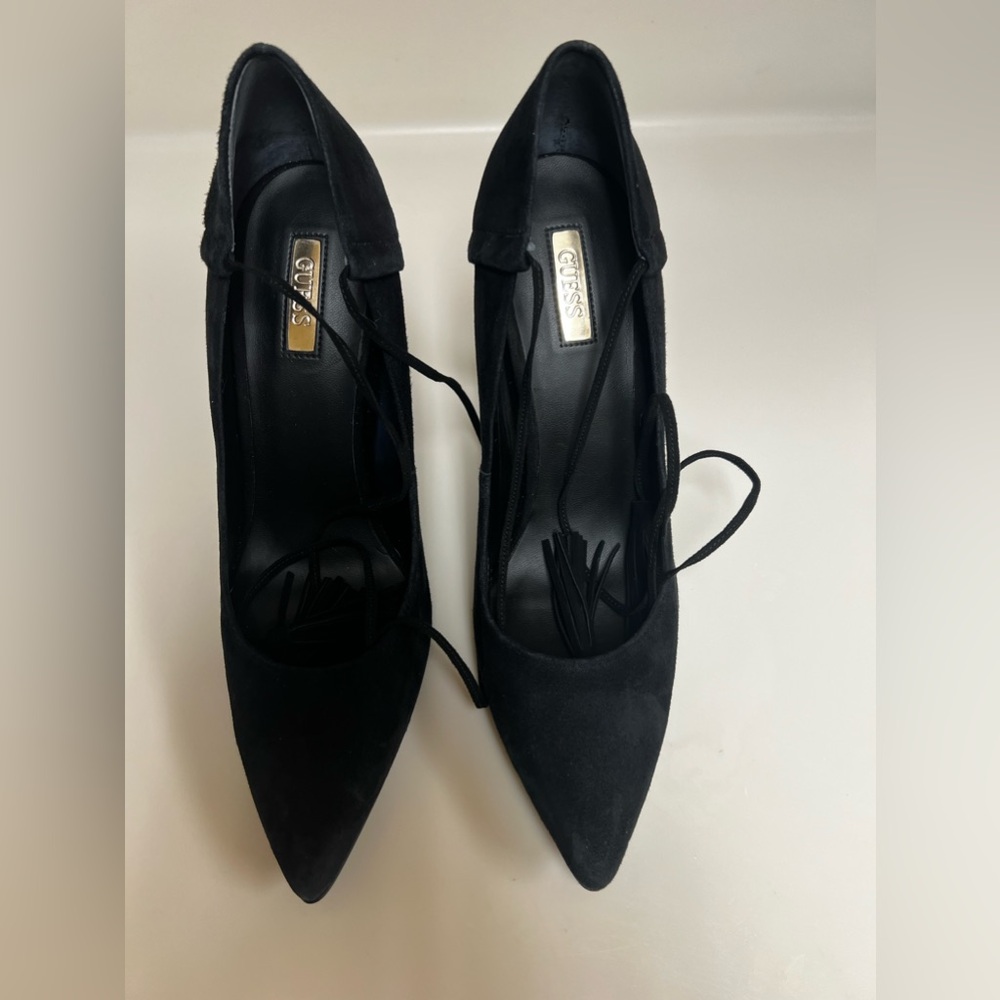 GUESS black suede pumps lace up leg
